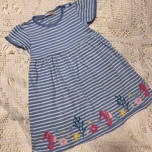 🪸 Jojo Maman Bébé Striped Blue Dress with Seahorse Embroidery, 5-6